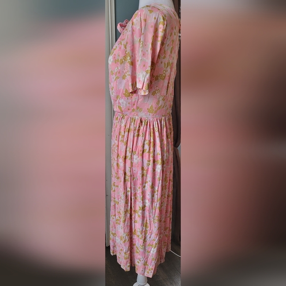 60s Vintg Midi Dress Womens 4 Pink Purple Tan Retro Floral Full Skirt Bow Detail - Picture 2 of 13